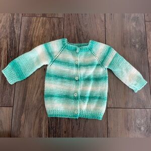 Handmade cable knitted Striped Green and White Sweater with buttons 6-12 months